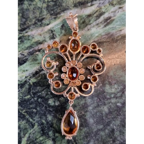 240g - Good Quality Ladies Citrine and Seed pearl drop pendant in 9ct Gold Mount 7.8g total weight