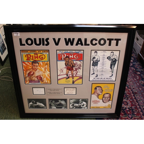 12 - Framed Joe Louis and Jersey Joe Walcott authentic cut signatures. 2 x original ring magazines and ph... 