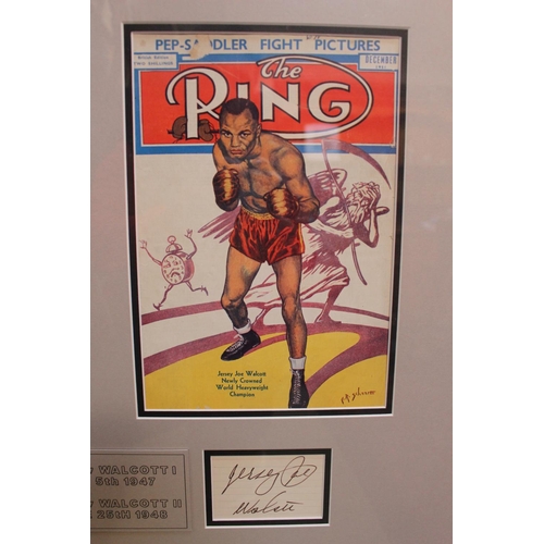 12 - Framed Joe Louis and Jersey Joe Walcott authentic cut signatures. 2 x original ring magazines and ph... 