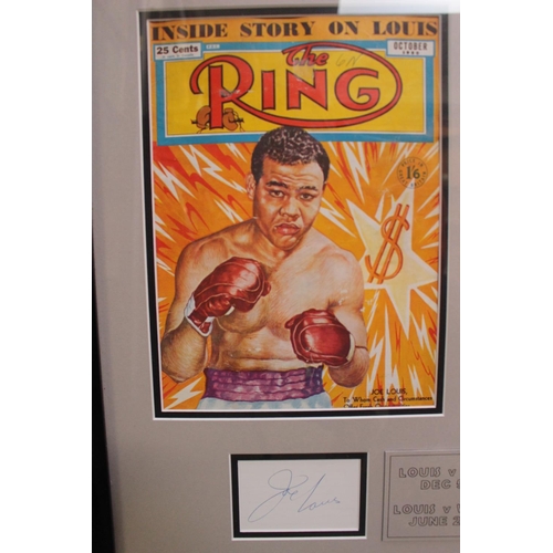 12 - Framed Joe Louis and Jersey Joe Walcott authentic cut signatures. 2 x original ring magazines and ph... 