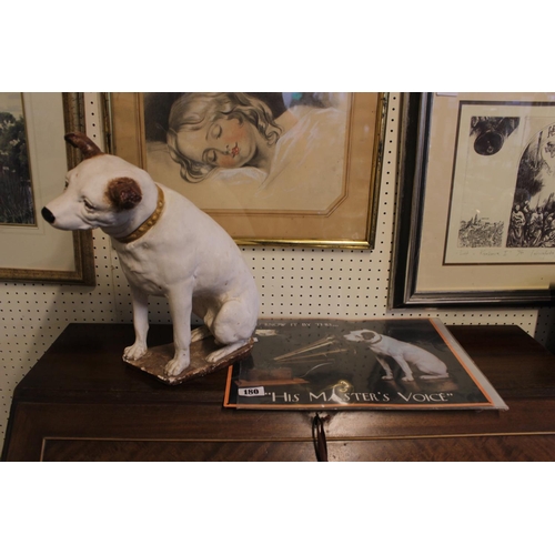 180 - His Masters Voice Large Hand painted plaster Dog with Reproduction Sign