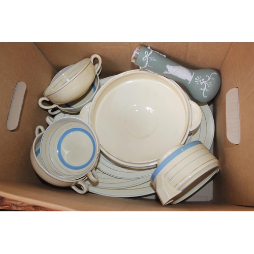 189 - Clarice Cliff part Dinner set and a Wedgwood type vase