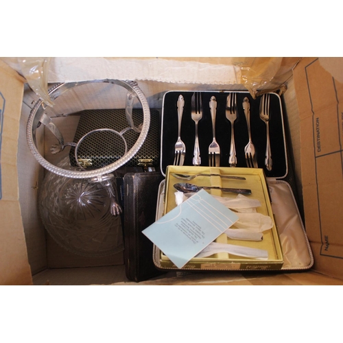 190 - Collection of assorted Boxed Silver plated flatware and a Silver Spirit kettle base