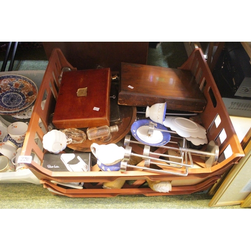 220 - 2 Large trays of assorted ceramics and bygones inc. Cased set of Fish Knives and Forks, 19thC Part T... 