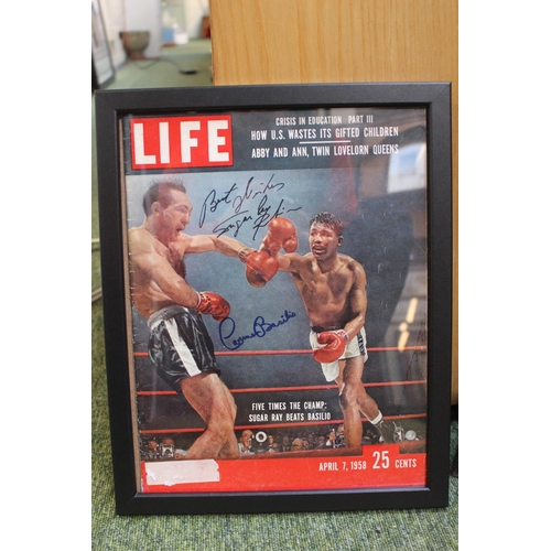 3 - A framed original Life magazine from 1958 dual signed by Sugar Ray Robinson and Carmen Basilio with ... 