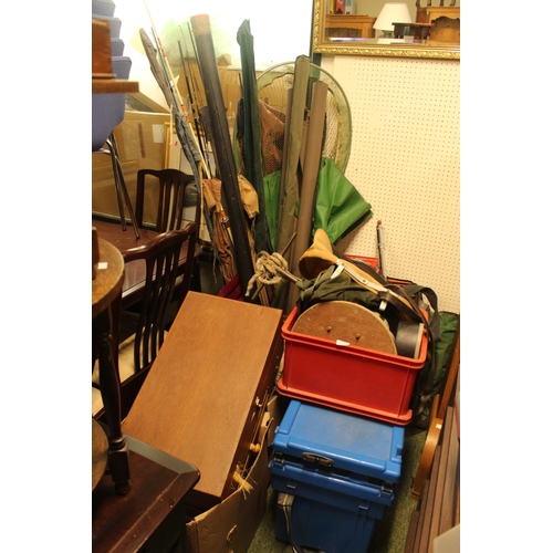 535 - Large collection of Fishing equipment inc Rods, tackle Seat box etc