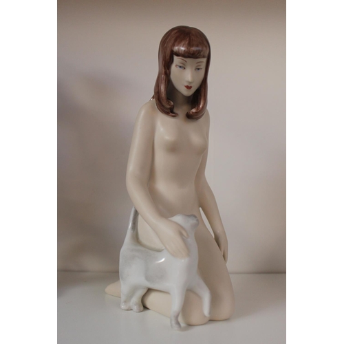 61 - Royal Dux figure of a nude crouching with Cat marks to base. 21cm in Height