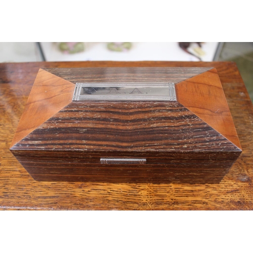 65 - Good Quality Rosewood and Walnut Art Deco Bridge Box with Chrome fitted interior and contents