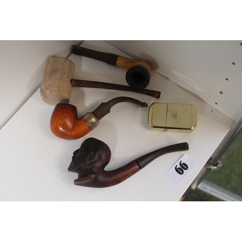 66 - Collection of 4 Vintage Pipes and a Brass Lighter