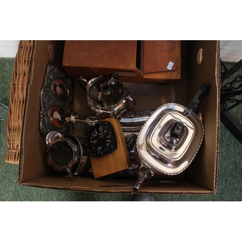 81 - Collection of assorted Silver-plated tableware, Aeroplane cockpit Gauge and a Wicker case