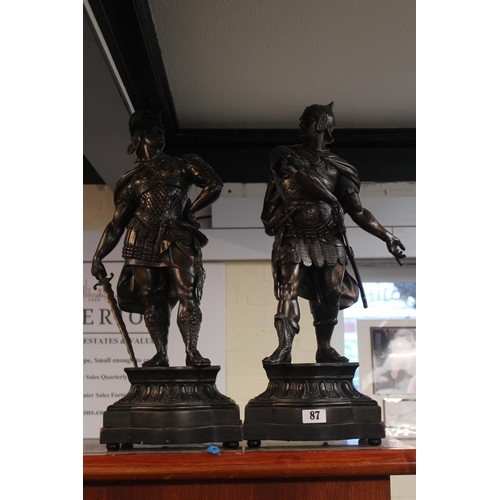 87 - Pair of Large 19thC Spelter Coppered Warriors on square bases. 60cm in Height