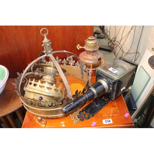 92 - Arts & Crafts Brass hanging ceiling oil Lamp, 19thC Carriage Lamp and a Copper Oil Lamp reservoir