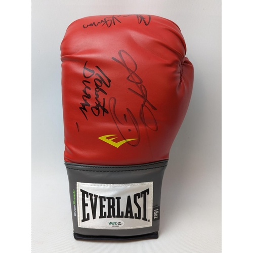 115 - Red Everlast signed boxing glove, signed by Roberto Duran, Sugar Ray Leonard & Thomas Hearns WBC Cer... 