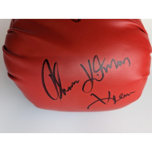 115 - Red Everlast signed boxing glove, signed by Roberto Duran, Sugar Ray Leonard & Thomas Hearns WBC Cer... 