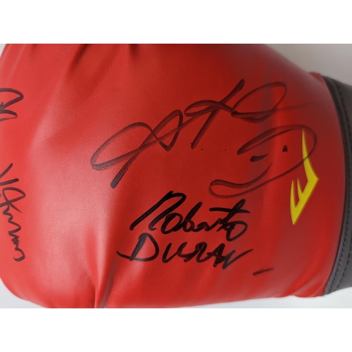 115 - Red Everlast signed boxing glove, signed by Roberto Duran, Sugar Ray Leonard & Thomas Hearns WBC Cer... 