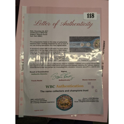 118 - Roberto Duran December 8th 2017 signed WBC World Champion Belt WBC Certificate of Authenticity - MP4... 