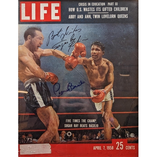 22 - A framed original Life magazine from 1958 dual signed by Sugar Ray Robinson and Carmen Basilio with ... 