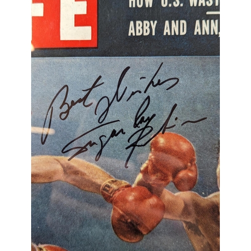 22 - A framed original Life magazine from 1958 dual signed by Sugar Ray Robinson and Carmen Basilio with ... 
