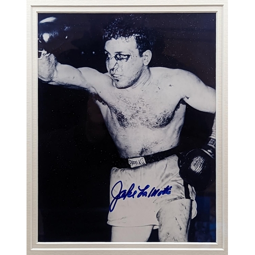 23 - Jake LaMotta signed Photographic print framed and mounted. 43 x 48cm total size. with COA to reverse