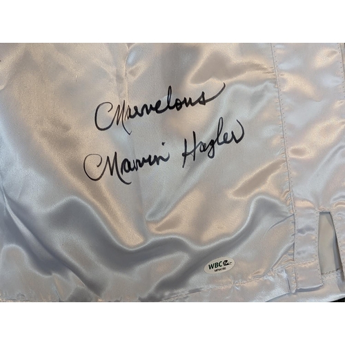 31 - White Title Boxing, Marvellous Marven Hagler, signed boxing shorts Certificate of Authenticity - MP4... 