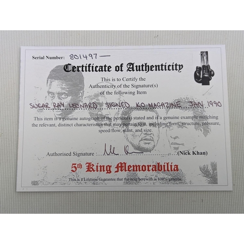 73 - Sugar Ray Leonard signed KO Magazine, January 1990 5th King Memorabilia Certificate of Authenticity ... 