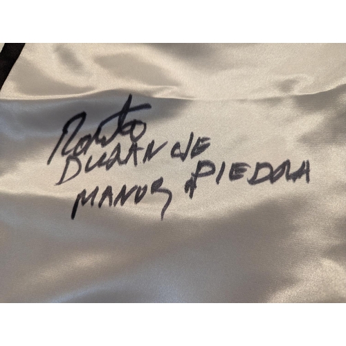 232 - Black and White boxing shorts signed by Roberto Duran with WBA Certificate of Authenticity MP47189