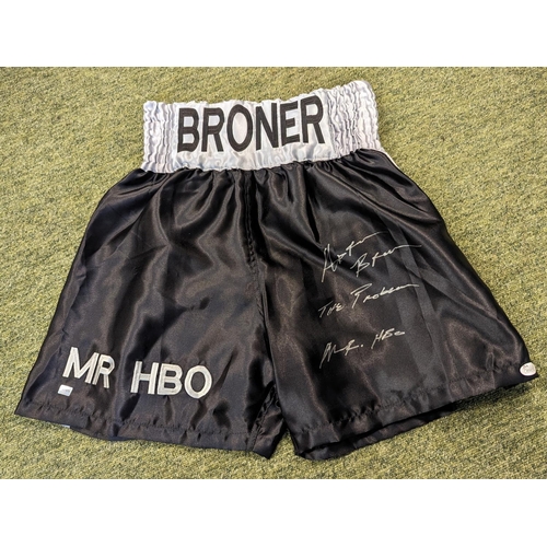 234 - Black and Grey boxing trunks signed by Adrian Broner With 5th King Memorabilia Certificate of Authen... 