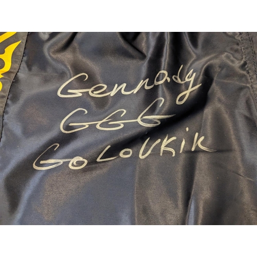 237 - Blue and gold boxing trunks signed by Gennady 'GGG' Golovkin 5th King Memorabilia Certificate of Aut... 