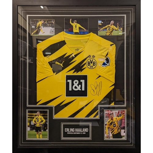 289 - Borussia Dortmund F.C, Erling Haaland signed football top, Framed and displayed with pictures Certif... 