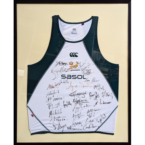 130 - 2007 hand signed SA rugby World Cup winning squad vest Springbok. 85 x 70cm total size