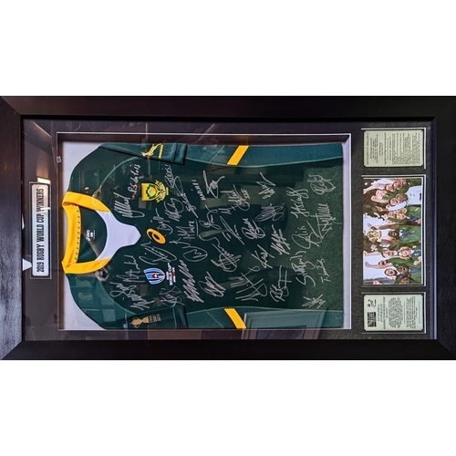 85 - South Africa 2019 Rugby World jersey - signed by the whole squad and staff. COA to reverse. 73 x 117... 