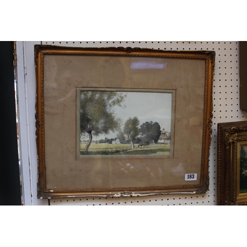 110 - Framed watercolour of a water meadow with horse in the foreground, initialled to bottom right