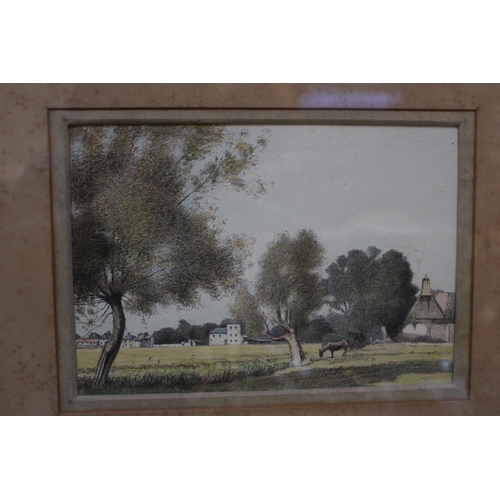 110 - Framed watercolour of a water meadow with horse in the foreground, initialled to bottom right