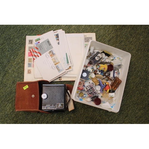 152 - Vintage Stamps Album with stamps, Kodak box camera and a collection of Thimbles inc. Silver