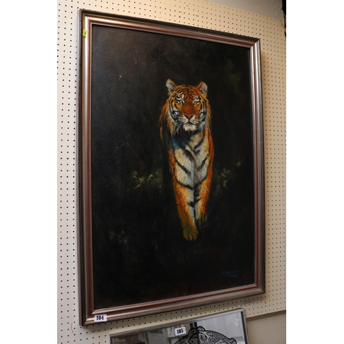 104 - Large Oil on board of a Tiger by P Stephens dated 1984