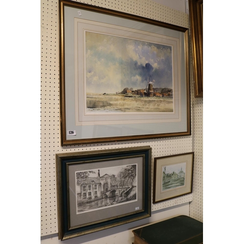 126 - Framed watercolour of the Windmill at Cley by Adrian Taunton dated 1992, Framed print of Brugge and ... 