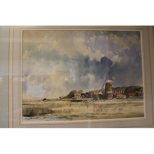 126 - Framed watercolour of the Windmill at Cley by Adrian Taunton dated 1992, Framed print of Brugge and ... 