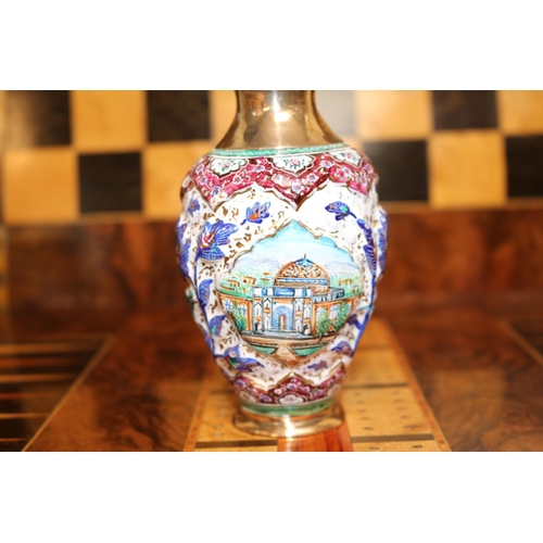 141 - Good quality European pink glass goblet and an enamelled Brass Indian vase