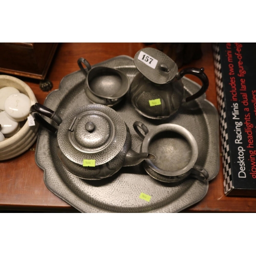 157 - Civic Pewter 4 Piece Tea set and tray of hammered finish