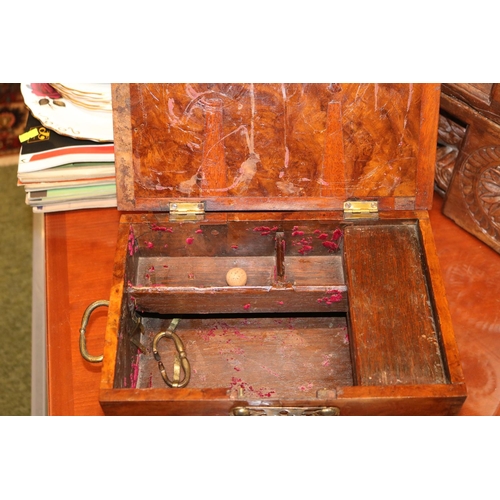 158 - Oak Carved wall barometer, Walnut cased box on brass paw feet and a collection of Porcelain Knobs