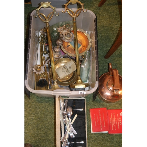 160 - Collection of assorted Bygones inc. Copper Kettle, Pair of Fireside stands, Copper Bowl and assorted... 