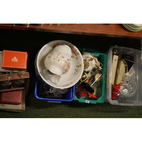 162 - 3 Boxes of assorted Ceramics and bygones inc. Aynsley Dial Telephone, Oak Tantalus etc