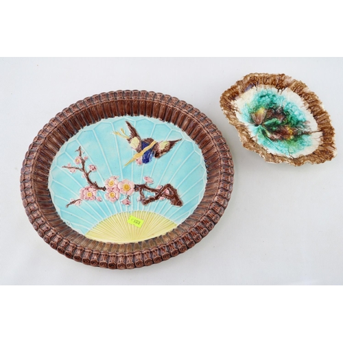 90 - Wardle 19thC Majolica Platter with Prunus and Stork decoration and a Majolica Leaf dish with impress... 