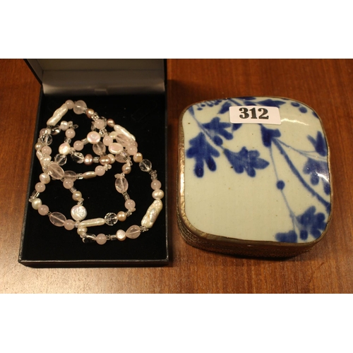 277 - White Metal Bound box with Blue and White Pottery lid and a Quartz still necklace