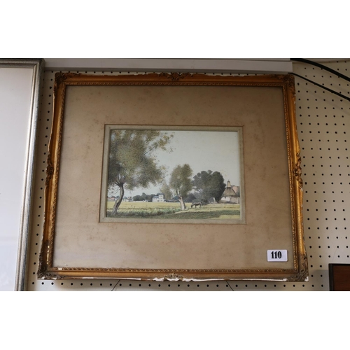 110 - Framed watercolour of a water meadow with horse in the foreground, initialled to bottom right