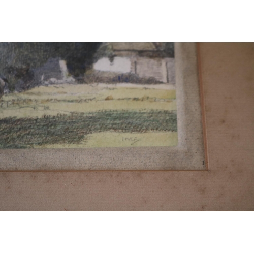 110 - Framed watercolour of a water meadow with horse in the foreground, initialled to bottom right