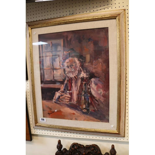 116 - Framed and mounted Oil of a Man drinking signed to bottom left