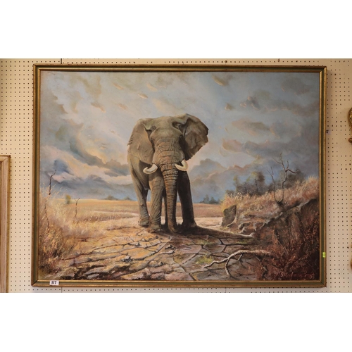 117 - Large framed Oil on board of a Bull Elephant signed P Stephens 1983