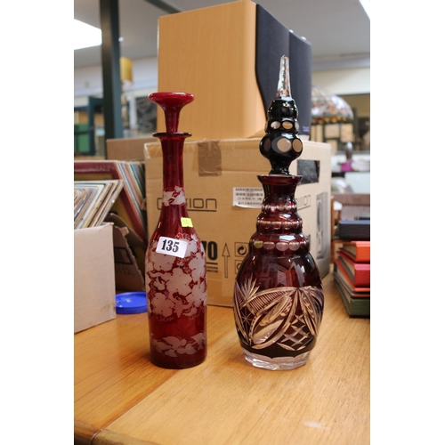 135 - Edwardian Ruby glass etched Vine decorated decanter and a Bohemian Cut Crystal