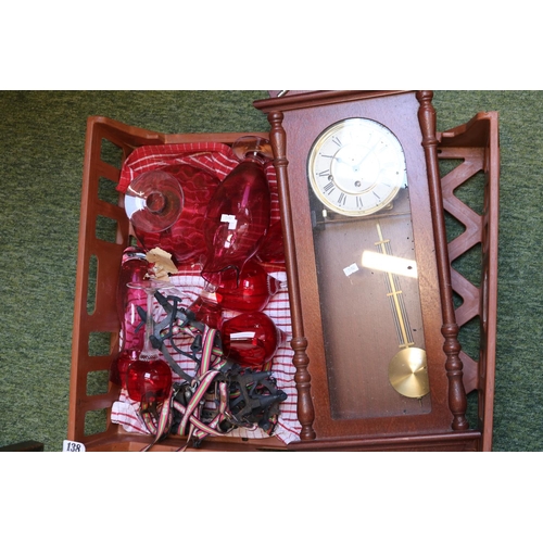 138 - Collection of Cranberry glassware, Wooden cased wall clock and a Pair fo Crampons